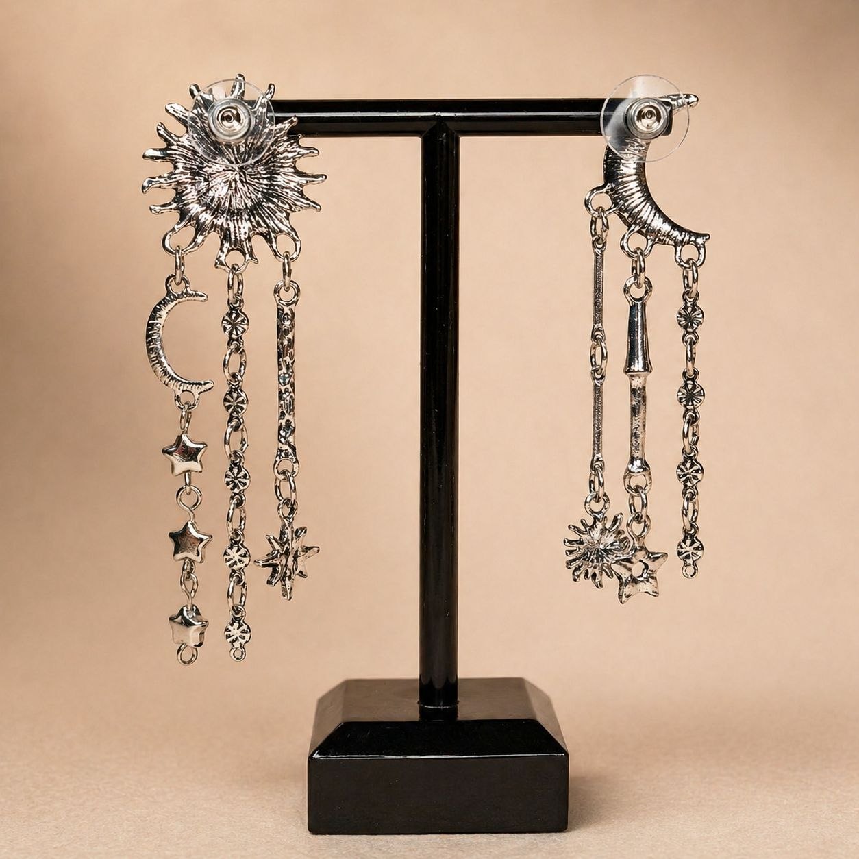 Celestial Sun & Moon Statement Earrings – Asymmetrical Star Chain Drop Earrings