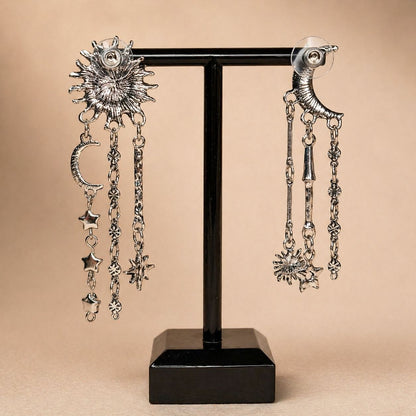 Celestial Sun & Moon Statement Earrings – Asymmetrical Star Chain Drop Earrings