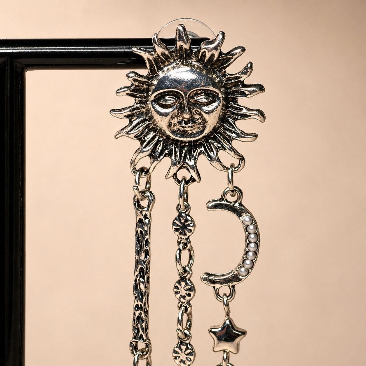 Celestial Sun & Moon Statement Earrings – Asymmetrical Star Chain Drop Earrings