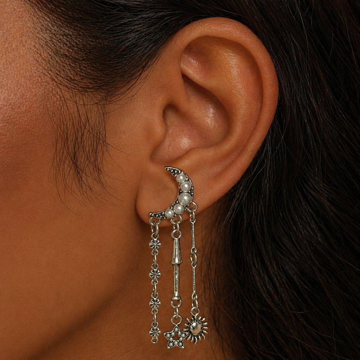 Celestial Sun & Moon Statement Earrings – Asymmetrical Star Chain Drop Earrings