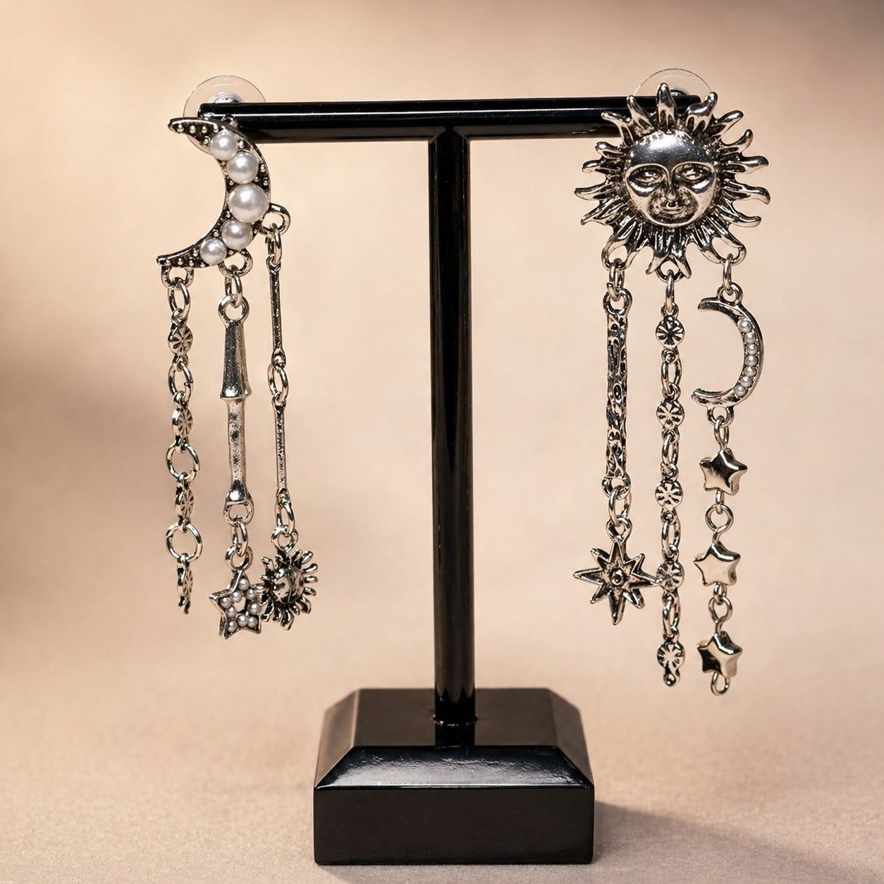 Celestial Sun & Moon Statement Earrings – Asymmetrical Star Chain Drop Earrings