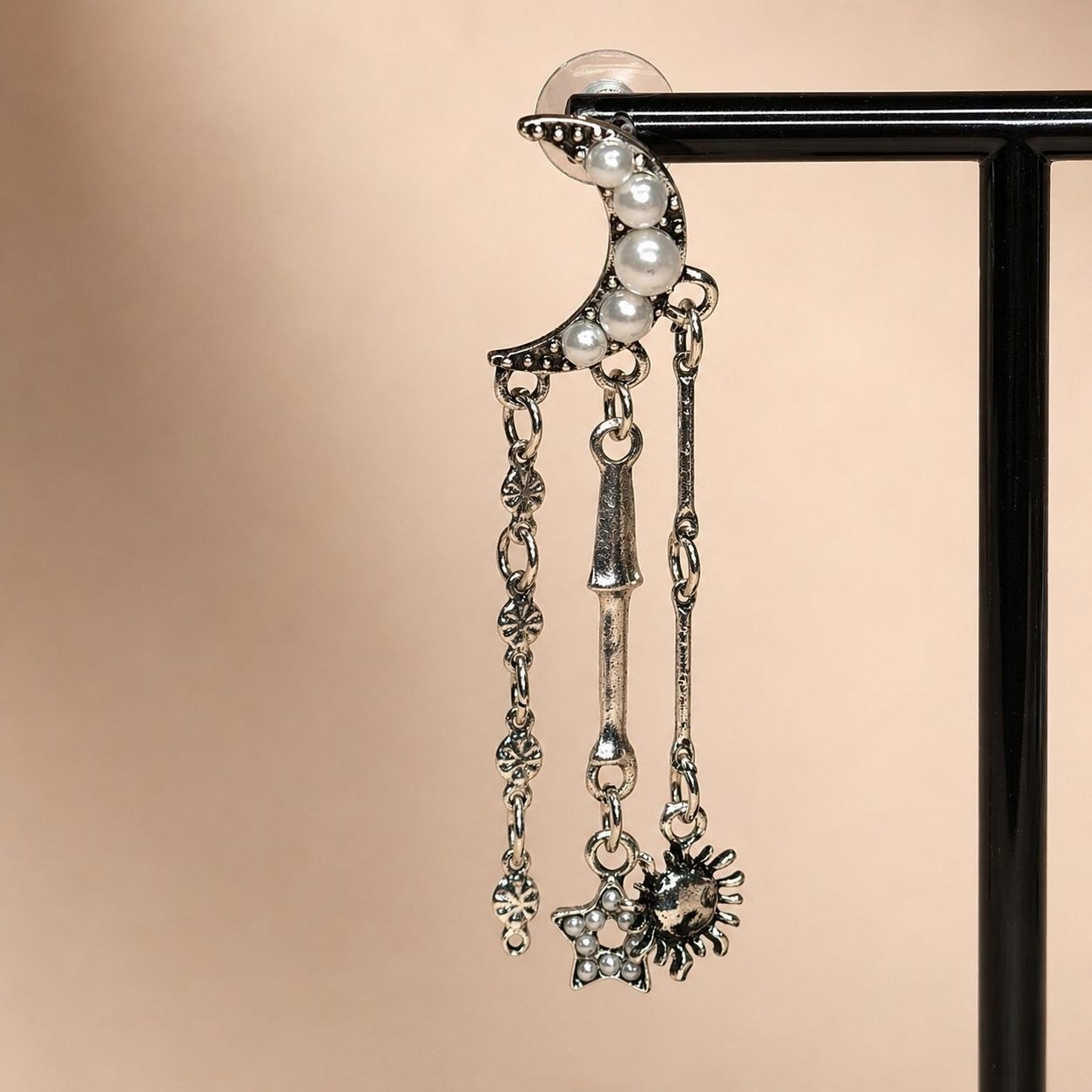 Celestial Sun & Moon Statement Earrings – Asymmetrical Star Chain Drop Earrings