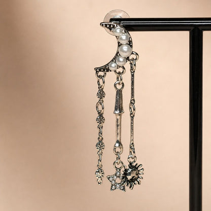Celestial Sun & Moon Statement Earrings – Asymmetrical Star Chain Drop Earrings
