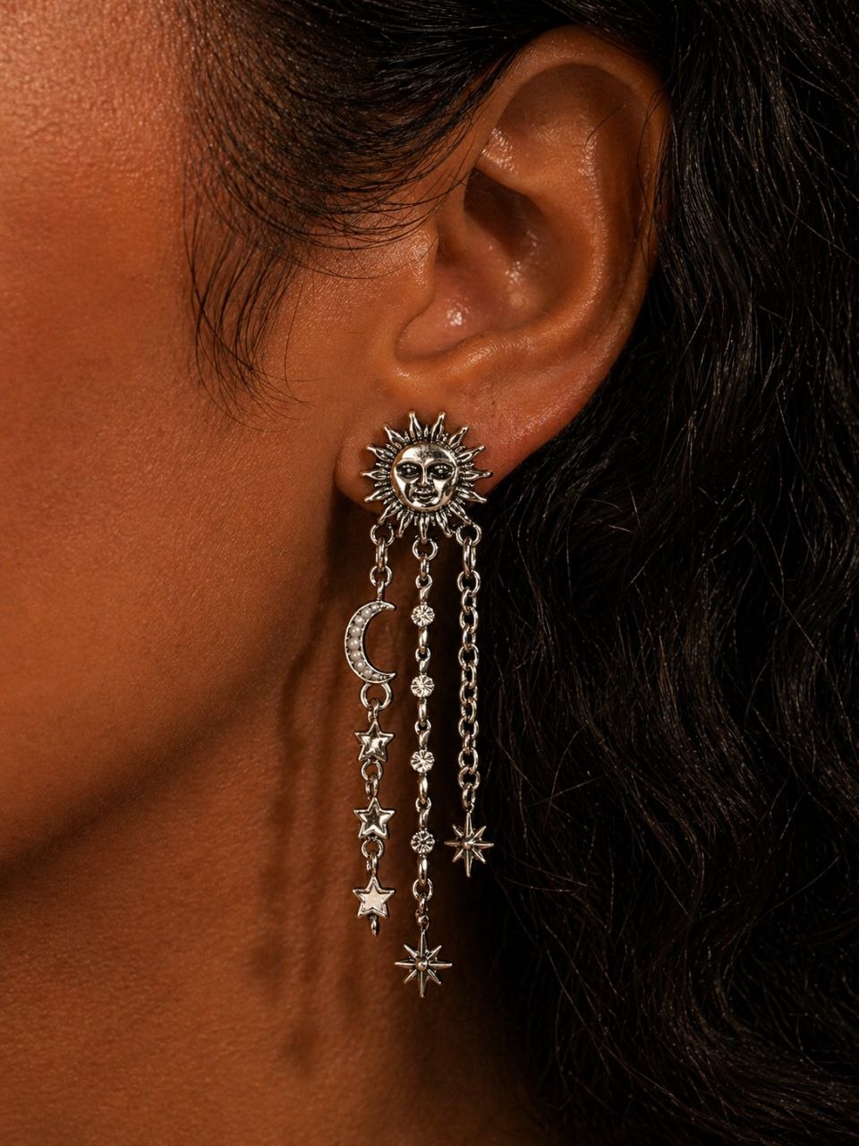 Celestial Sun & Moon Statement Earrings – Asymmetrical Star Chain Drop Earrings