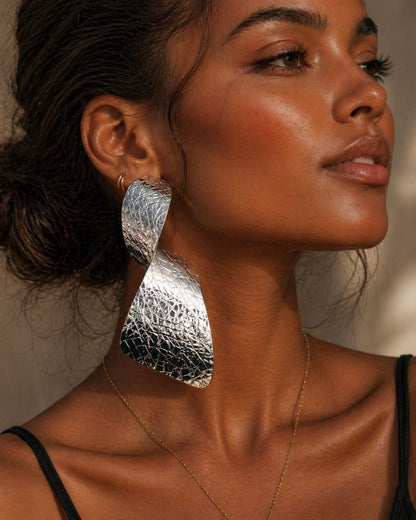 Silver Textured Statement Earrings – Sculptural Drop Earrings