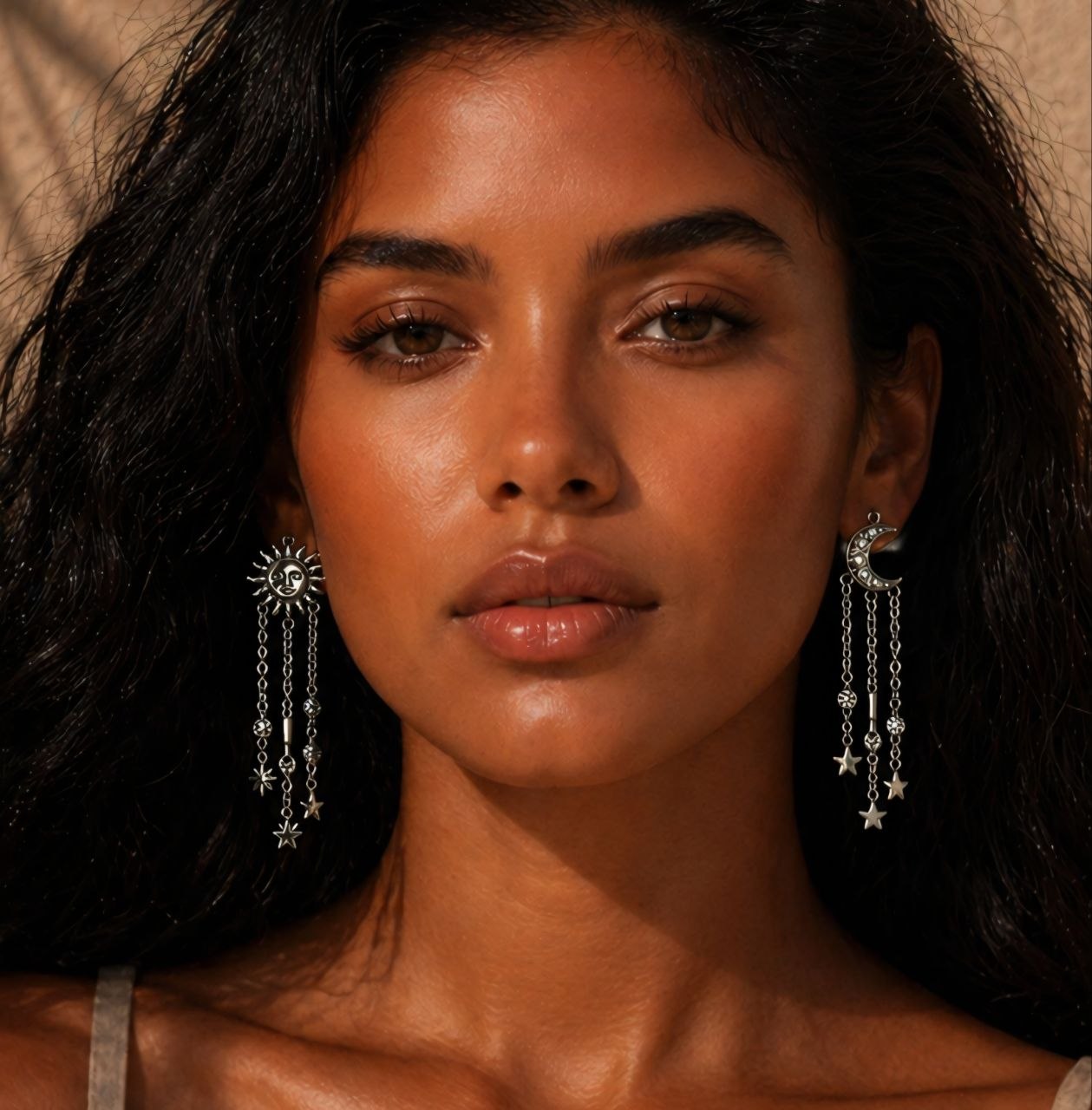 Celestial Sun & Moon Statement Earrings – Asymmetrical Star Chain Drop Earrings