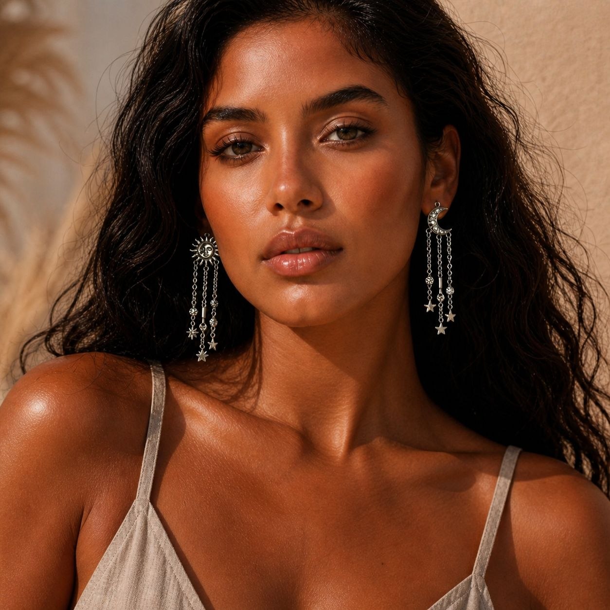 Celestial Sun & Moon Statement Earrings – Asymmetrical Star Chain Drop Earrings