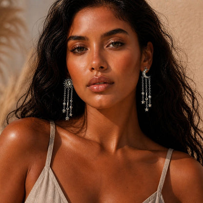 Celestial Sun & Moon Statement Earrings – Asymmetrical Star Chain Drop Earrings