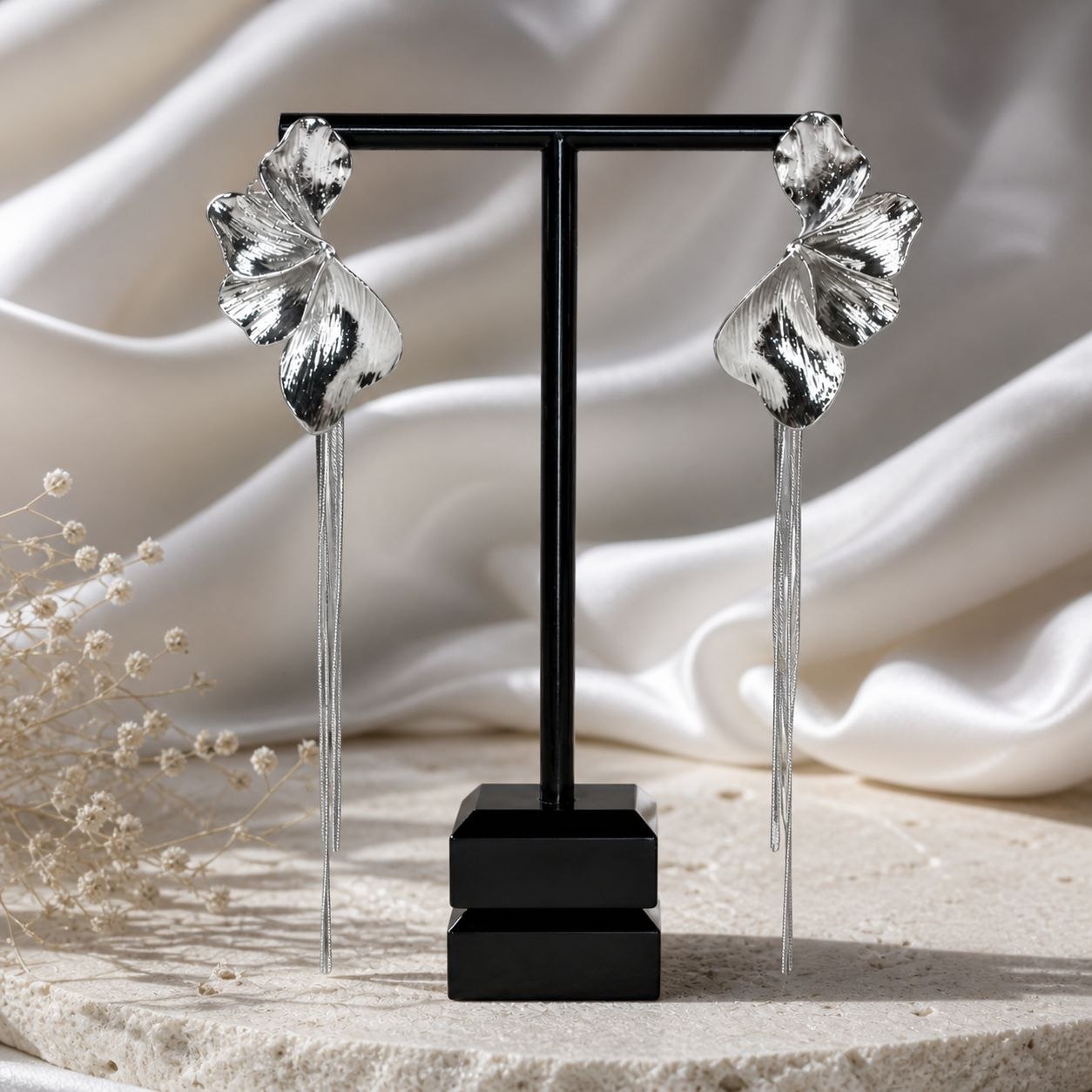 Silver Flower Tassel Earrings – Statement Drop Earrings for Evening & Wedding