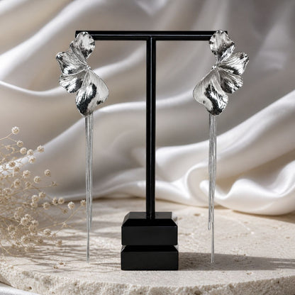 Silver Flower Tassel Earrings – Statement Drop Earrings for Evening & Wedding
