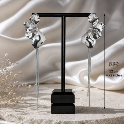 Silver Flower Tassel Earrings – Statement Drop Earrings for Evening & Wedding