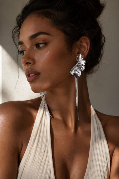 Silver Flower Tassel Earrings – Statement Drop Earrings for Evening & Wedding