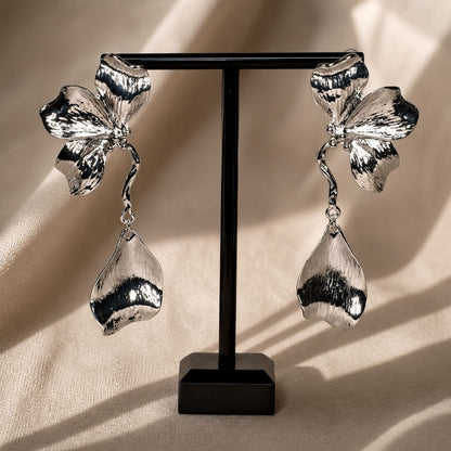 Silver Statement Flower Drop Earrings – Luxury Sculptural Petal Earrings
