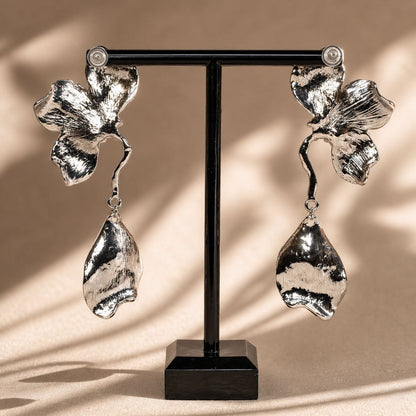 Silver Statement Flower Drop Earrings – Luxury Sculptural Petal Earrings