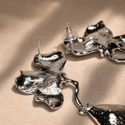 Silver Statement Flower Drop Earrings – Luxury Sculptural Petal Earrings