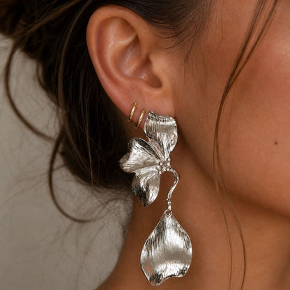 Silver Statement Flower Drop Earrings – Luxury Sculptural Petal Earrings