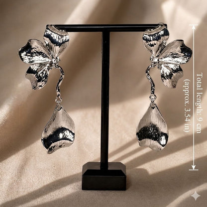 Silver Statement Flower Drop Earrings – Luxury Sculptural Petal Earrings