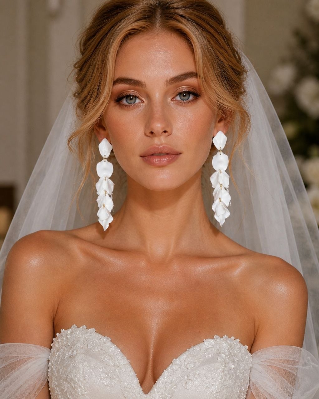 White Floral Bridal Statement Earrings – Wedding Drop Earrings