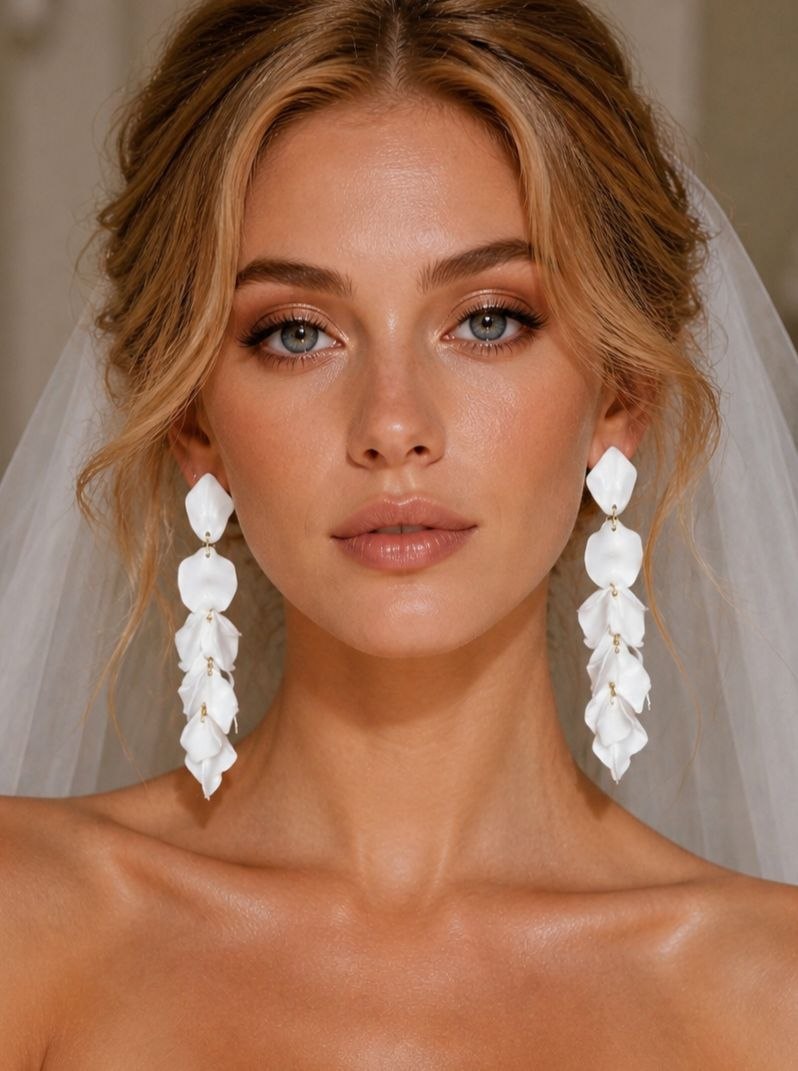 White Floral Bridal Statement Earrings – Wedding Drop Earrings
