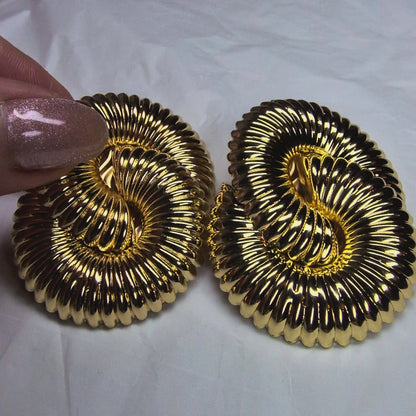 Vintage Spiral Gold Statement Earrings – Retro Sculptural Bold Clip On Earrings, Luxury Chunky Party Jewelry