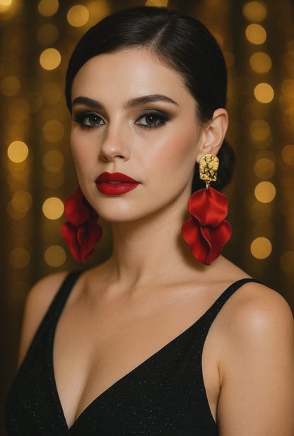 Red Statement Flower Earrings – Bold Gold & Satin Drop Earrings