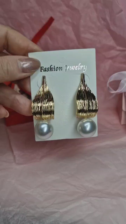 Gold Pearl Drop Earrings Statement Elegant Pearl Dangle Earrings Textured Gold Shell Earrings Wedding Jewelry Gift for Her Luxury Earrings