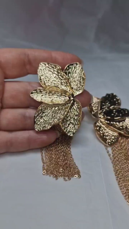 Gold Floral Tassel Statement Earrings Oversized Luxury Drop Earrings