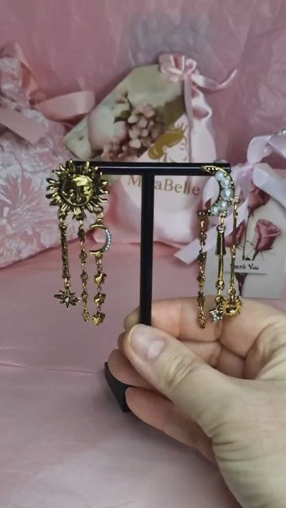 Gold Sun & Moon Statement Earrings – Celestial Asymmetrical Star Drop Earrings