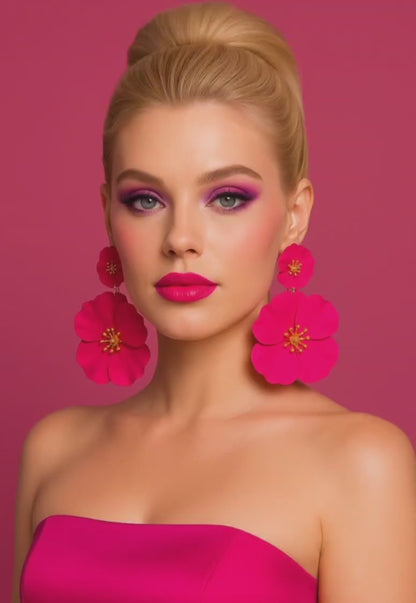 Hot Pink Flower Statement Earrings – Bold Floral Drop Earrings