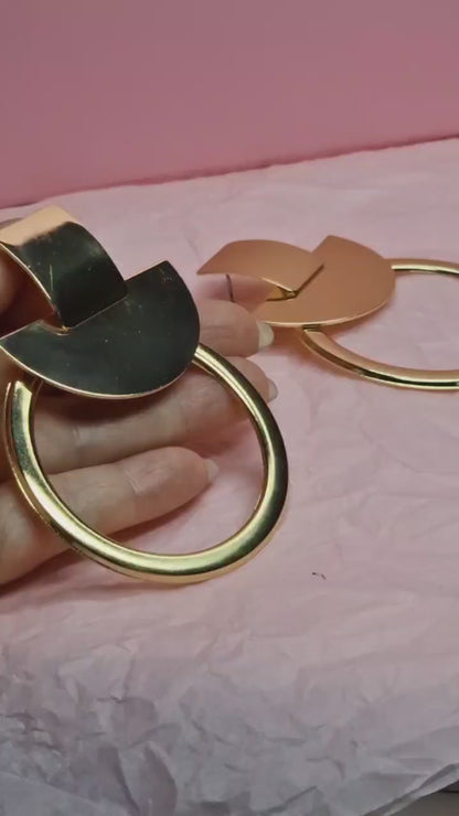 Bold Gold Geometric Hoop Earrings – Large Statement Circle Drop Earrings, Sculptural Modern Jewelry