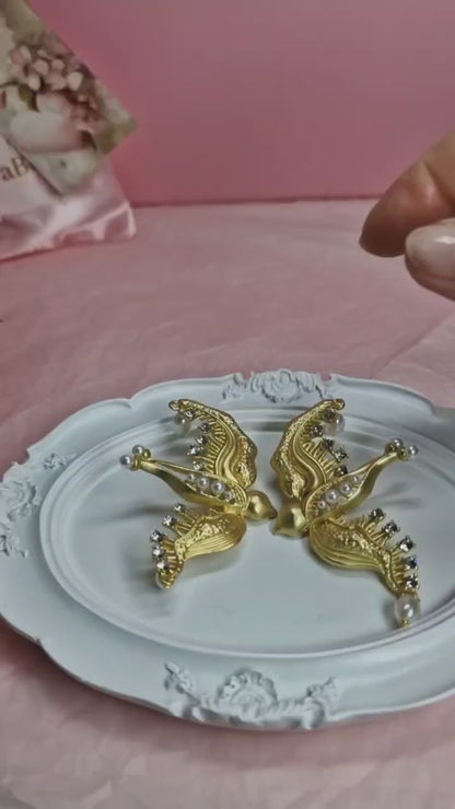 Golden Bird Statement Earrings – Luxury Pearl & Crystal Drop Earrings for Wedding Guest Looks