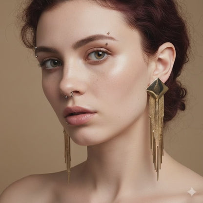 Gold Tassel Statement Earrings – Long Chain Fringe Earrings, Elegant Drop Earrings, Evening Jewelry Gift for Her