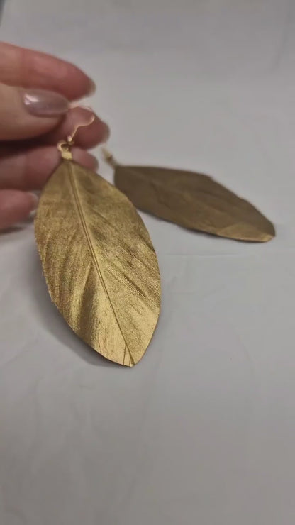 Natural Feather Gold Leaf Earrings – Boho Statement Drop Earrings