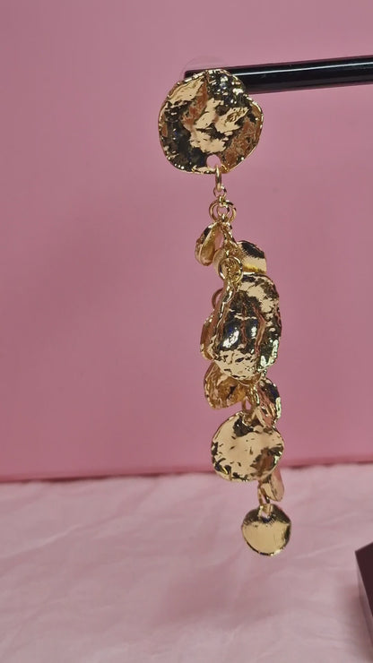 Gold Coin Cascade Statement Earrings – Long Textured Drop Earrings, Luxury Sculptural Jewelry