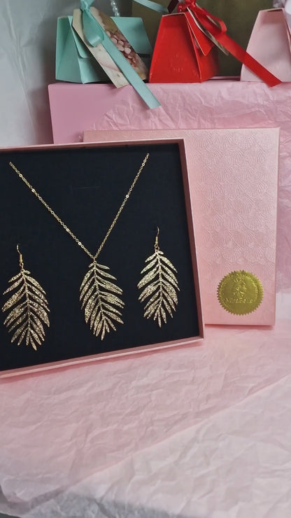 Gold Palm Leaf Jewelry Set | Statement Earrings & Necklace Set | Tropical Boho Gift for Women