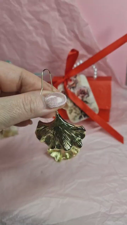 Gold Ginkgo Leaf Statement Earrings Long Nature Inspired Drop Earrings Botanical Fan Earrings Lightweight Luxury Dangle Earrings Gift for Her