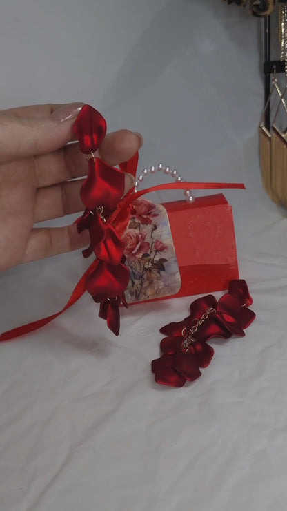 Red Statement Dangle Earrings – Long Petal Earrings, Bold Evening Jewelry, Elegant Gift for Her