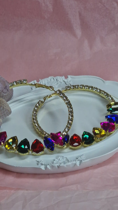 Rainbow Crystal Hoop Earrings – Colourful Rhinestone Statement Earrings