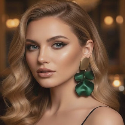 Emerald Green Statement Earrings – Gold & Acrylic Petal Earrings, Lightweight Elegant Drop Earrings, Gift for Her