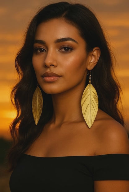 Natural Feather Gold Leaf Earrings – Boho Statement Drop Earrings