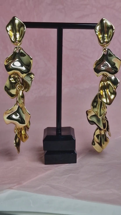 Lightweight Gold Petal Statement Earrings, Long Acrylic Drop Earrings for Wedding Guest & Party