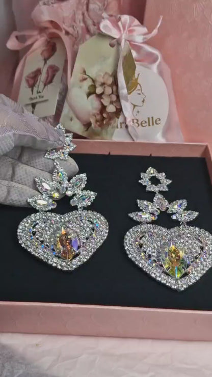 Crystal Heart Statement Earrings | AB Rhinestone Bridal Earrings