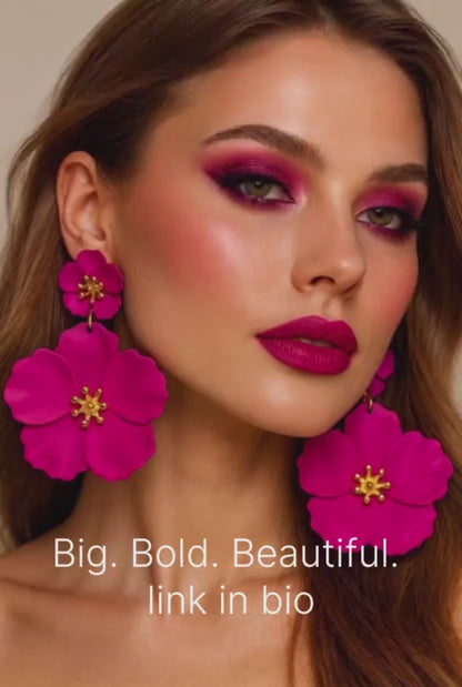 Hot Pink Flower Statement Earrings – Bold Floral Drop Earrings